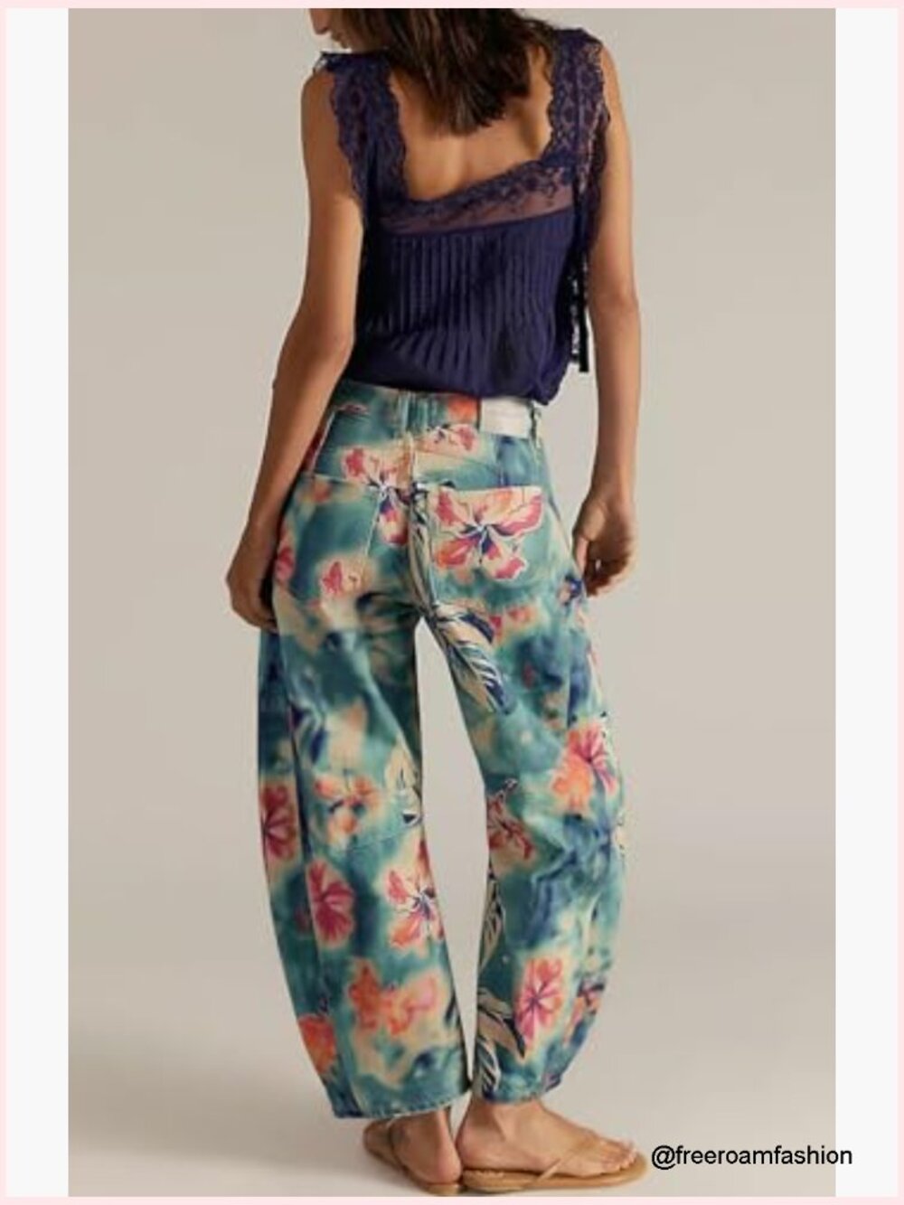 Women Boyfriend Baggy Barrel Jeans Floral Print Denim Ankle Pants Wide Leg Mid - Picture 4 of 7